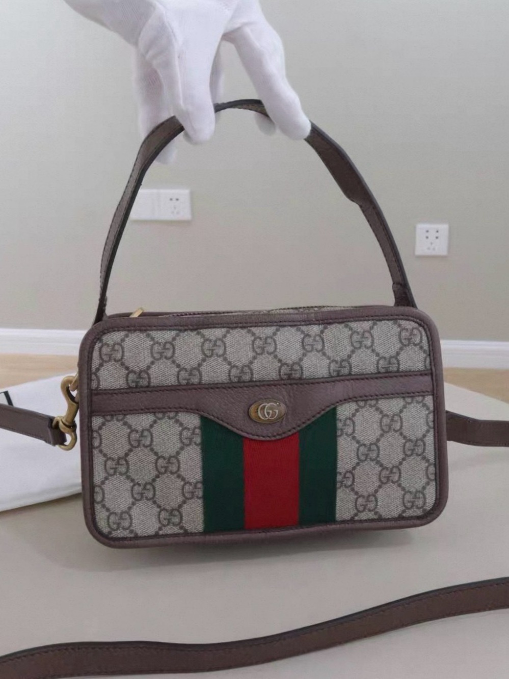 Gucci Beige GG Supreme Canvas Crossbody with Brown Trim and Green/Red Stripe